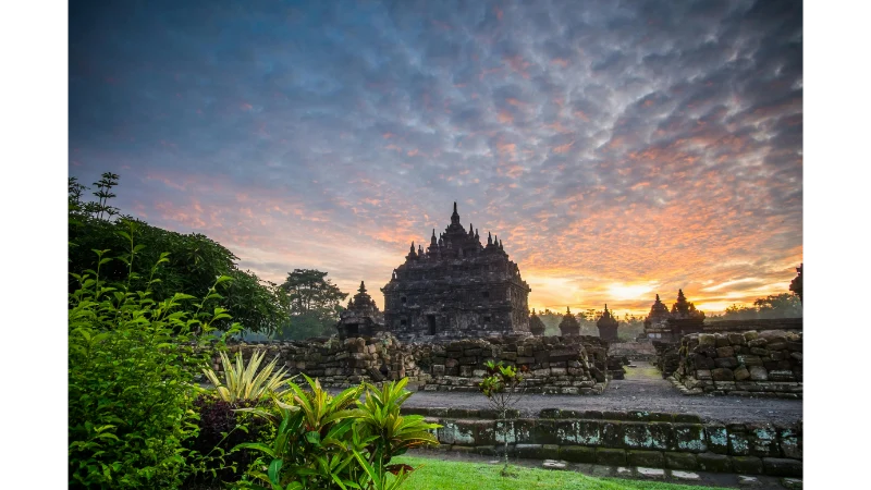 A sunset view of Love Temple in Yogyakarta. 