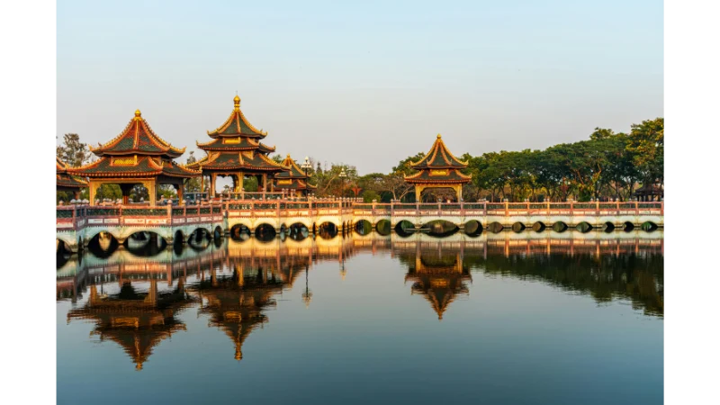 The iconic Thai pavilion at Bang Pa-In Royal Palace in Ayutthaya Province, Thailand.